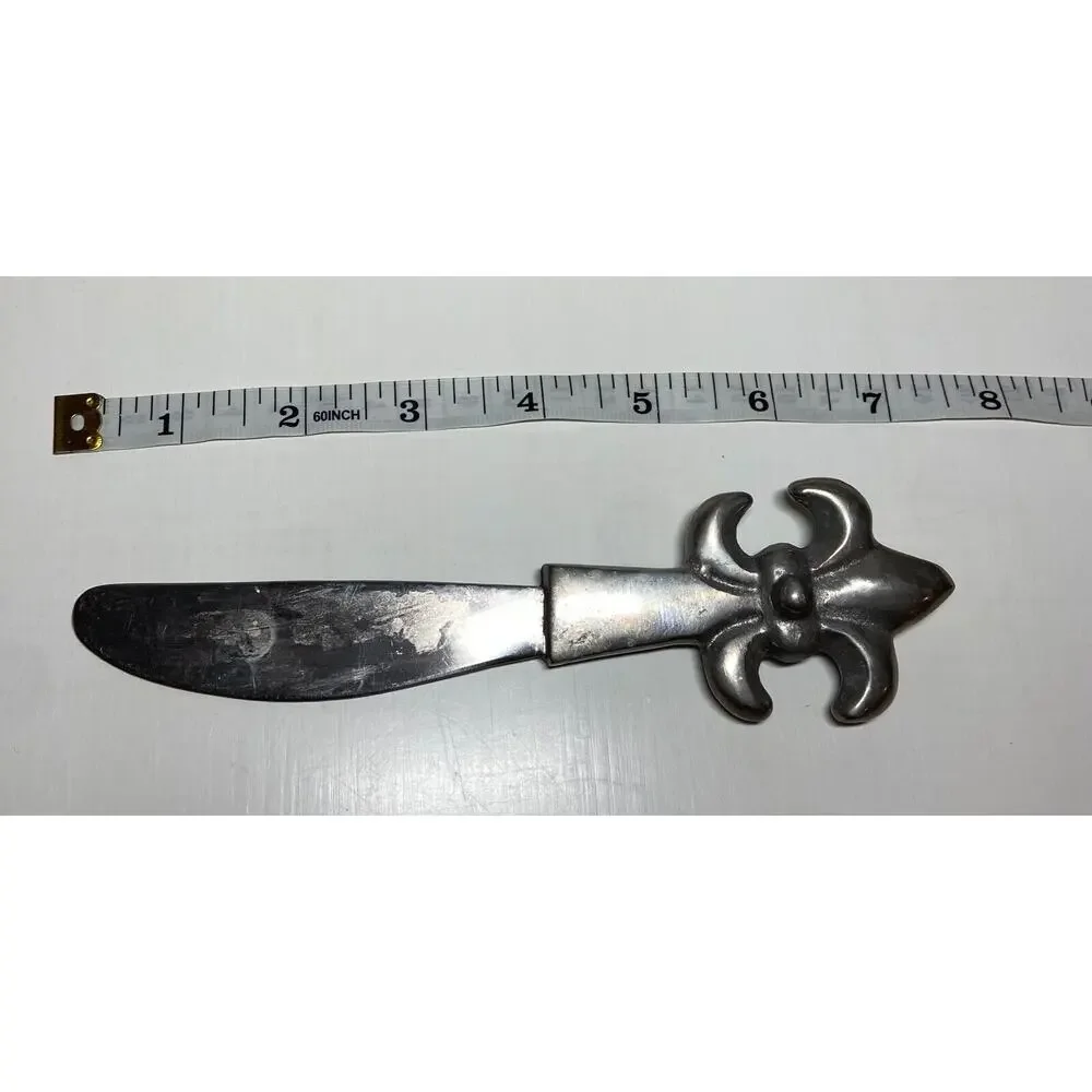 Vintage Pewter Fleur-De-Lis Cheese Dip Bowl & Spreader Knife Set